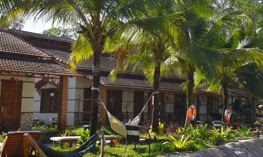 Bungalow exterior with palms and hammocks